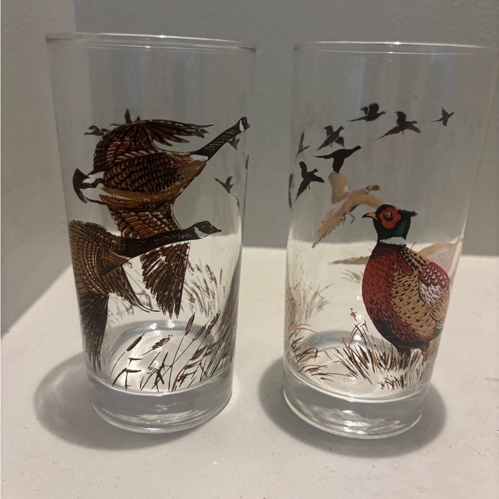 2 Vintage Mid Centey Modern pheasant/geese Wildlife tall glasses Mancave hunt